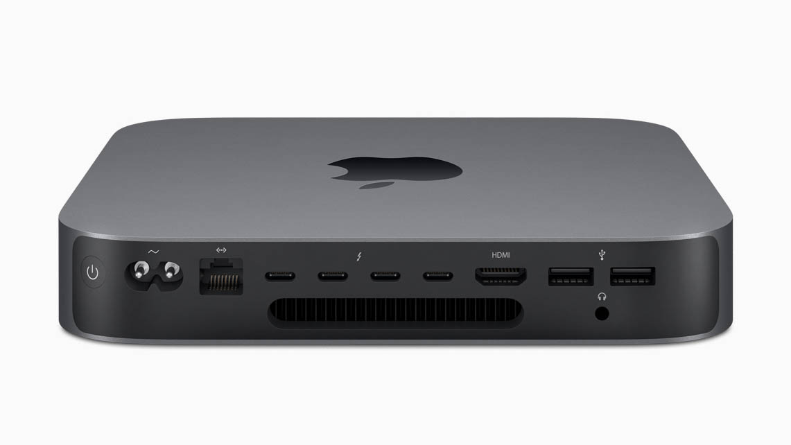 Ports galore on the back of the aluminum enclosure of the new Mac mini, including four Thunderbolt 3 ports. Image: Apple.