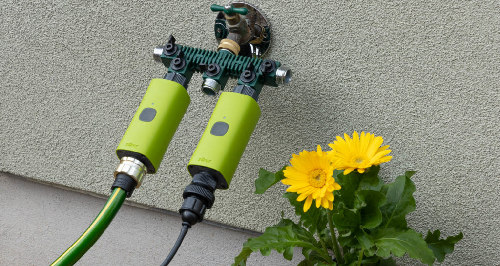 In our Zilker test bed, we had two Zilker Valves set up. The left valve was connected through a garden hose to sprinklers in the front yard, while the right valve was configured for drip irrigation to plants on the patio. Image: Digitized House.