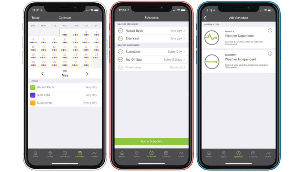 Schedules are the heart of the Zilker automated irrigation process. A well-design Calendar view shows schedules at a glance (left), while a list view of schedules (center) shows more details. Any schedule can be set as Weather Dependent or Weather Independent (right). Image: Digitized House.