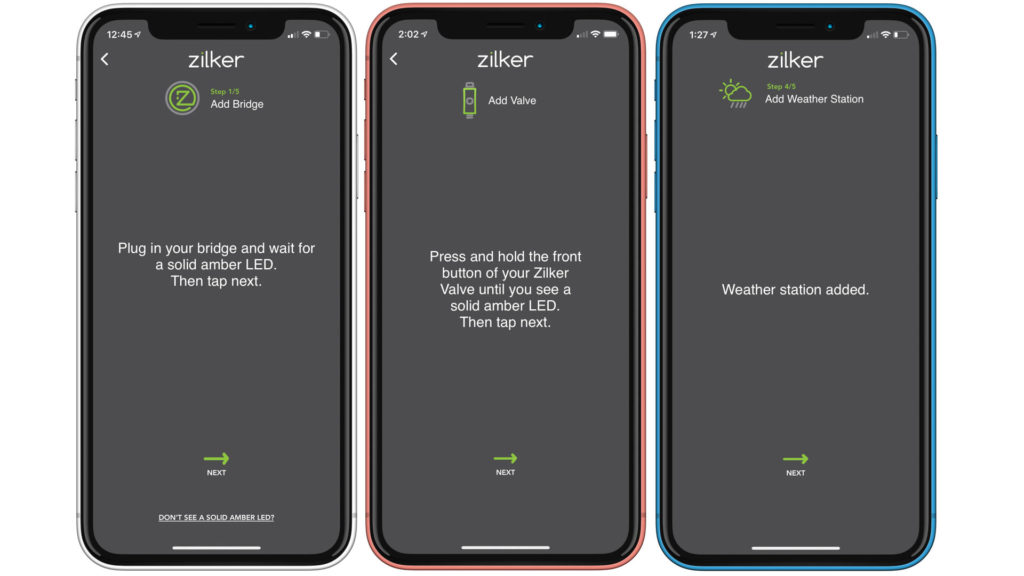 The Zilker app methodically guides you through initial setup of a fully functional system. Here (left to right), steps for adding a Zilker Bridge, Zilker Valve, and selecting a weather station, Image: Digitized House.