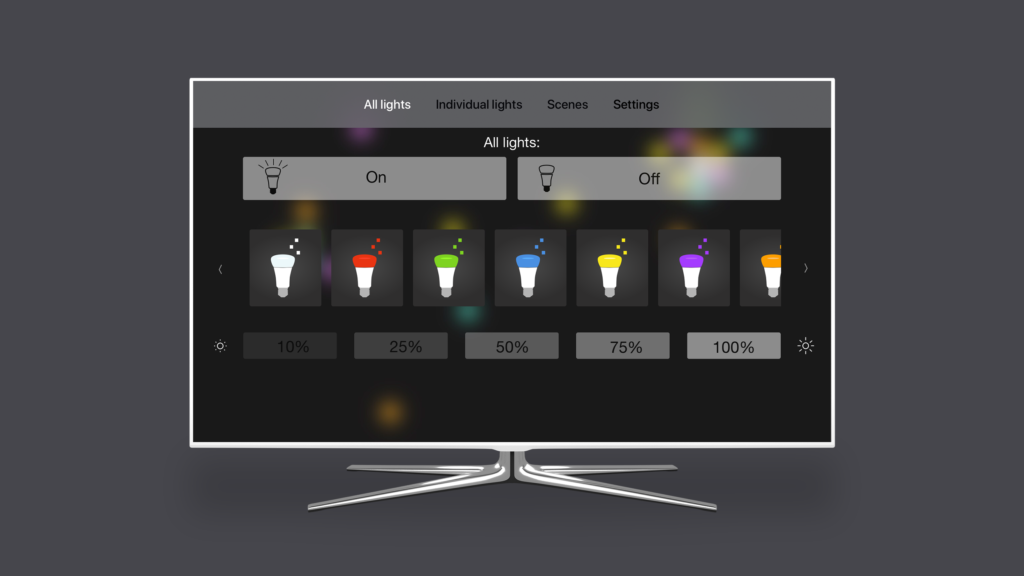 The Hue TV app home screen, showing the All Lights tab controls. Other tabs include Individual Lights, Scenes, and Settings. Image: Digitized House.