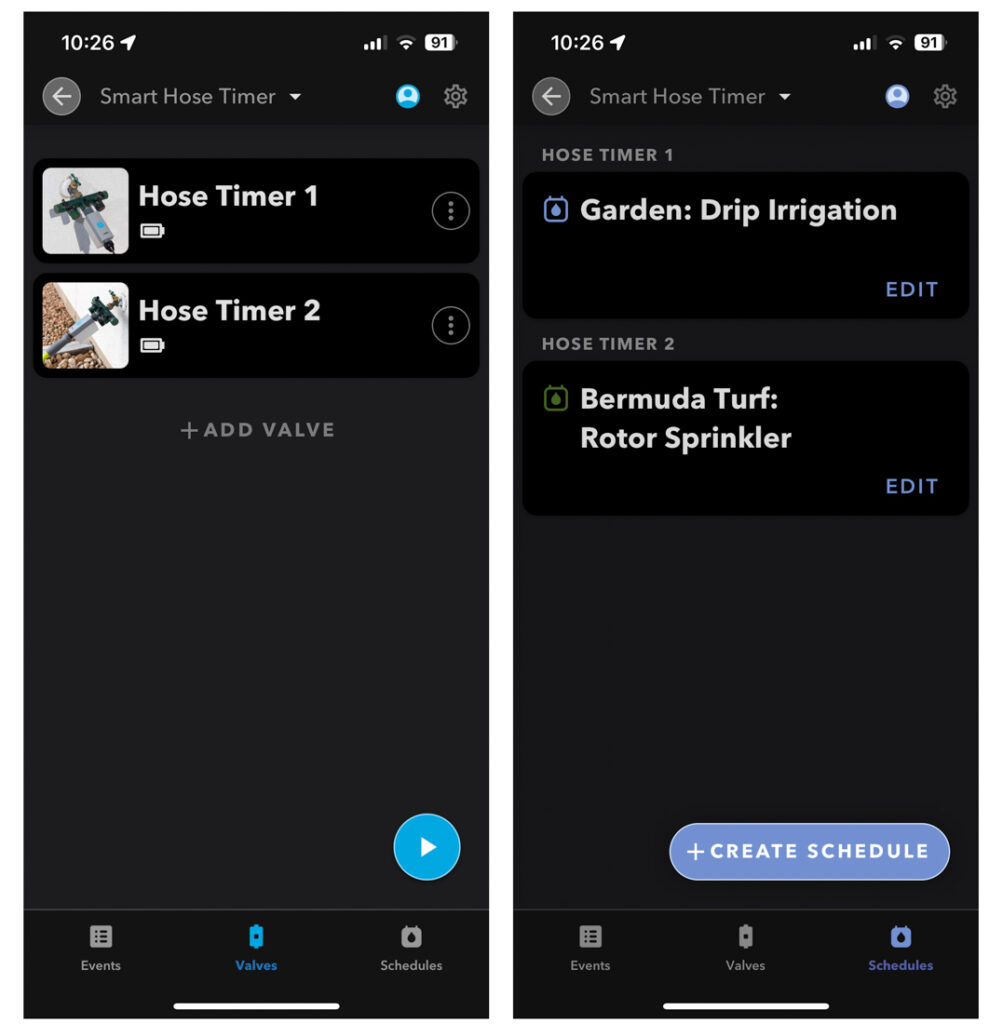 One click down in the Rachio app, the Valves tab displays all attached valves and can be customized with photos of the valves or connected accessories. The Schedules tab similarly shows all schedules and enables editing of them or adding new ones