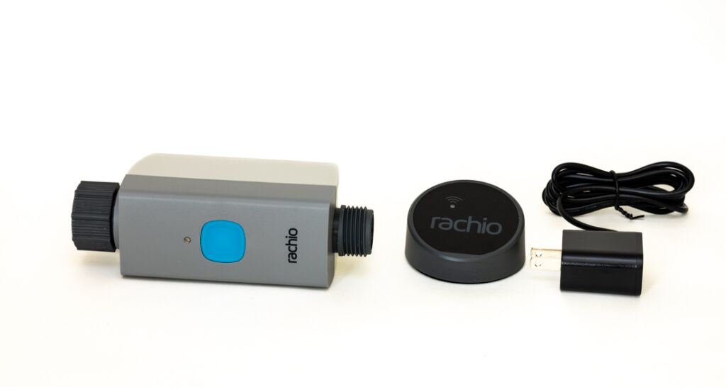 Inside the Rachio Smart Hose Timer kit box are a single hose valve, Wi-Fi hub, and hub power adapter. Image: Digitized House Media.